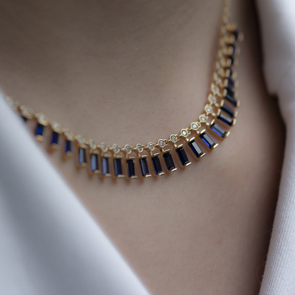 Blue sapphire necklace on model