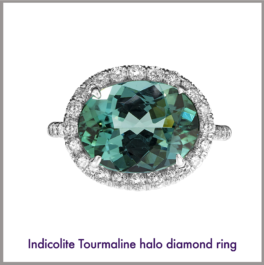 Indicolite Tourmaline Halo Diamond Ring